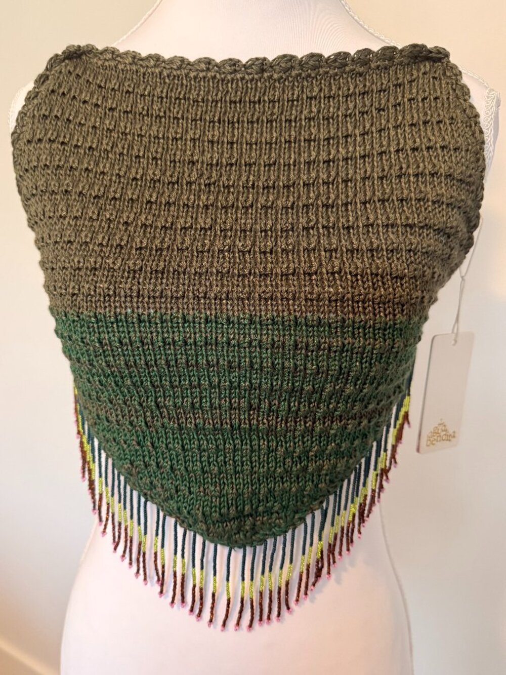 Agua Bendita Crochet Beaded Fringe Top NWT Handmade Tie Back Boho Swim Cover